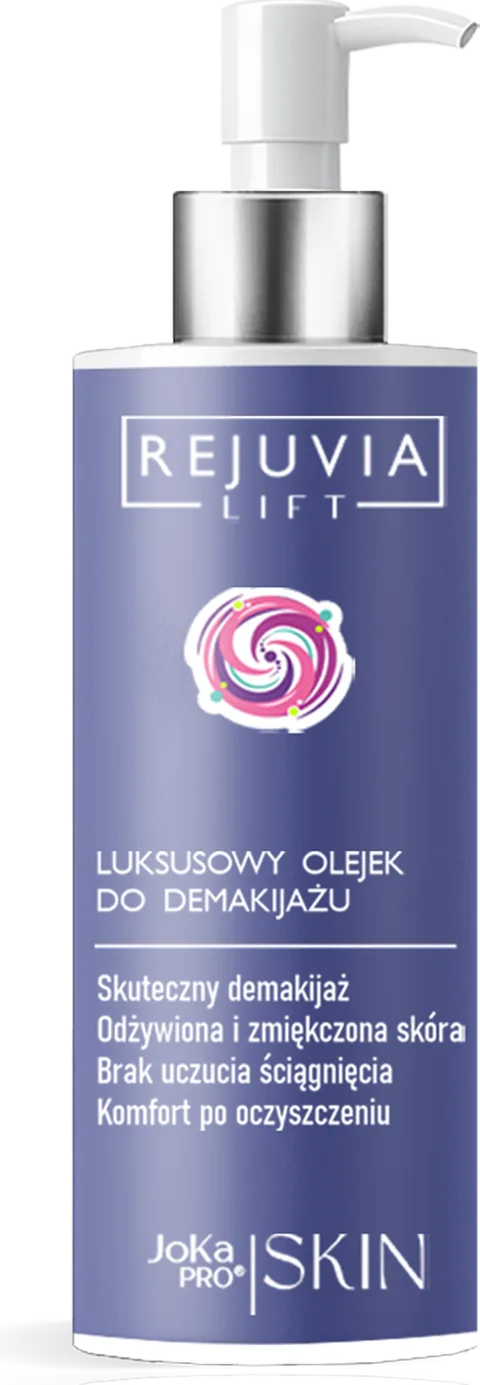 Luksusowy Olejek Do Demakijażu 150 ml, REJUVIA LIFT: niebiesko-fioletowa butelka ze srebrną pompką