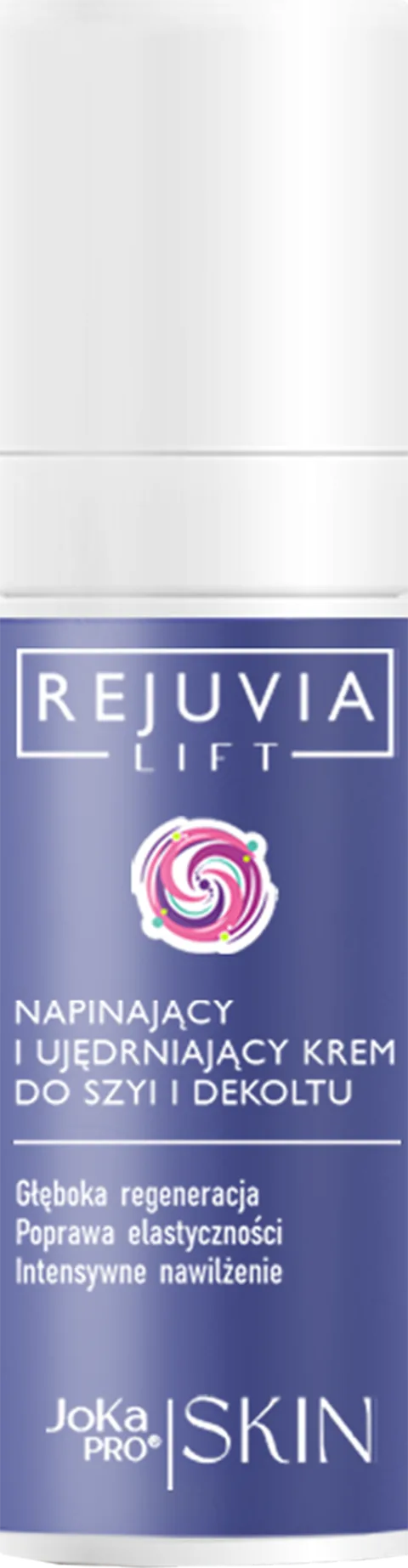 Napinający i Ujędrniający Krem Do Szyi i Dekoltu 50 ml, REJUVIA LIFT: niebiesko-fioletowy flakon z białą nakrętką